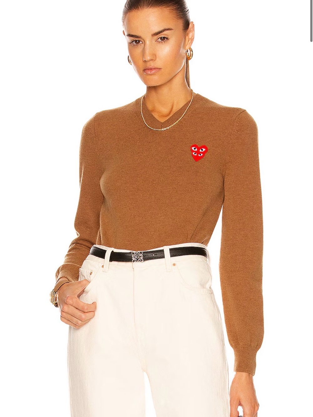 Comme des Garcons PLAY Brown V-Neck Sweater with Red Heart Patch